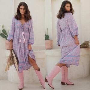 MAHLI The Label Neon Moon Boho Midi Dress In Berry Size S/M Coastal Cowgirl Glam